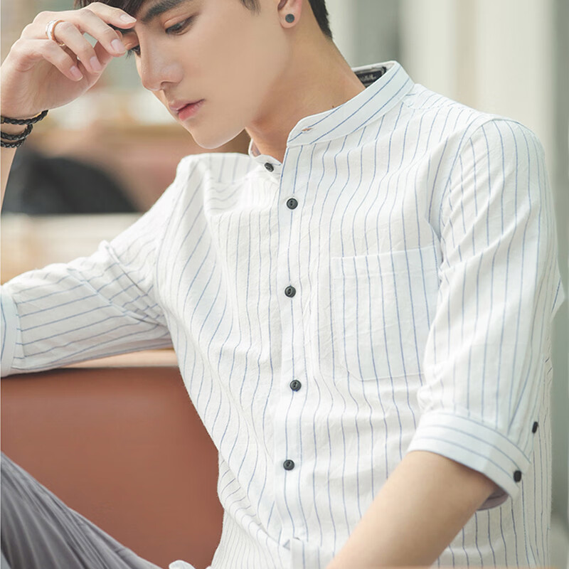 柏纳欧中袖七分袖立领衬衫男条纹青年7分袖薄款上衣 白色 m
