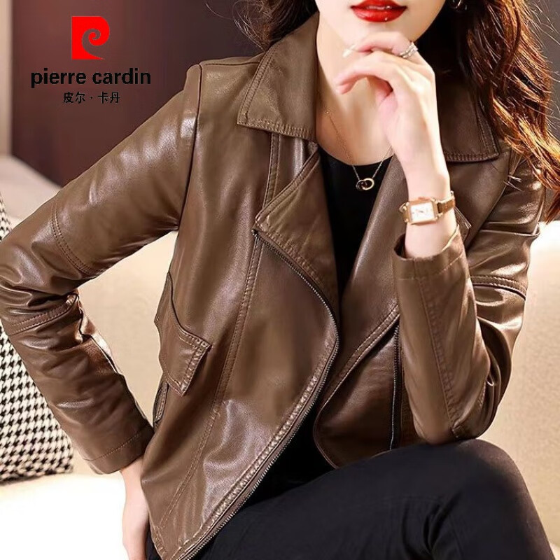皮尔卡丹（pierre cardin）真皮皮衣机车服短款2023新款气质年轻绵羊皮修身显瘦女士皮外套 焦糖色 【高品质】 XL 建议115-130斤高性价比高么？