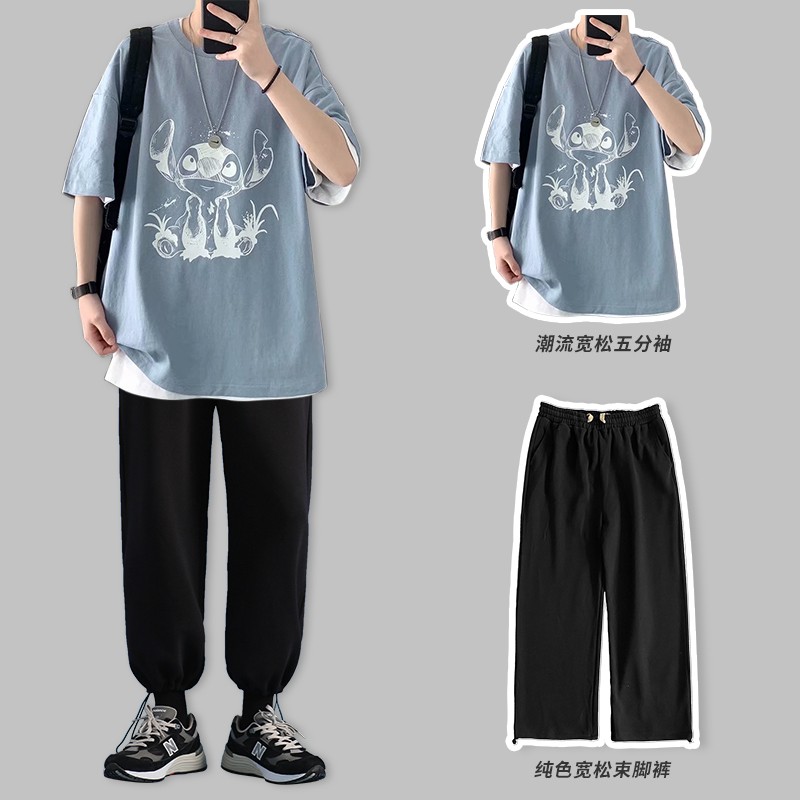 嘉晔(jiaye)潮男套装穿搭夏季ins超火的条纹短袖t恤男搭配休闲直筒裤