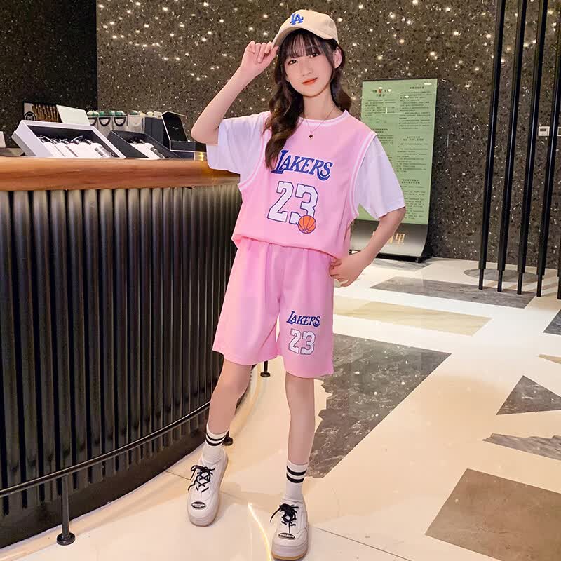喜雅萌女童篮球服套装假两件女孩女生速干训练服女款中大童短袖运动