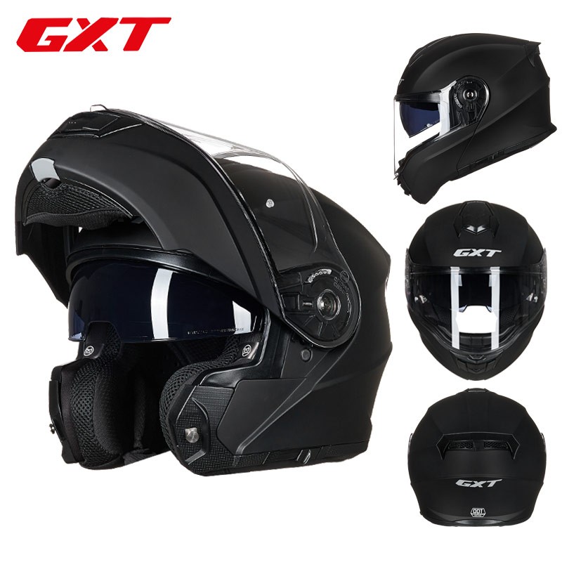 gxt摩托车头盔双镜片防雾揭面盔特大码个性男女通用安全帽四季 哑黑