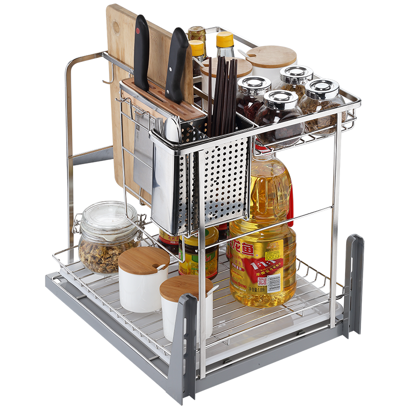 纳童（NaTong）实心304不锈钢调味篮厨房橱柜拉篮调味拉篮刀架抽屉式缓冲阻尼轨 B款304方钢400柜-配塑料筷笼