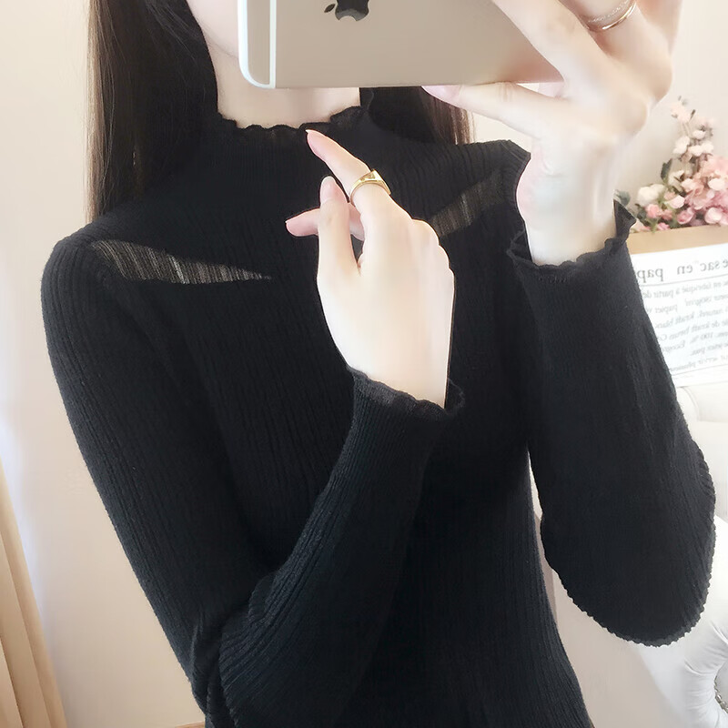 香影芬半高领蕾丝网纱拼接毛衣打底衫女秋冬2025新款内搭修身针织衫上衣 杏色 XL (建议115-125斤）