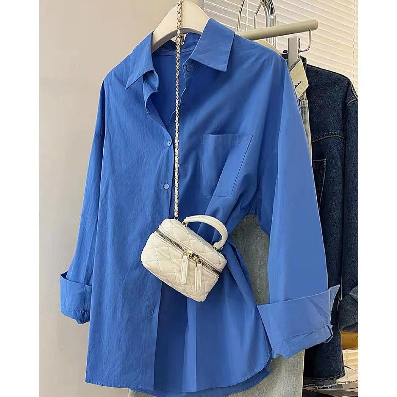 c秋冬外出叠穿马甲搭配衬衫女春秋款复古深蓝色衬衫女小众设计感宽 深