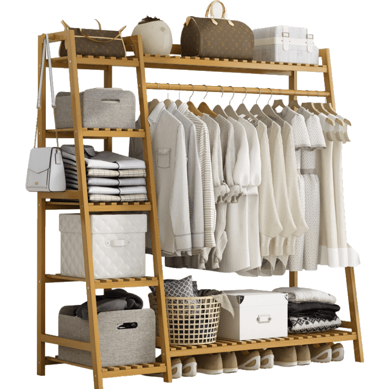 知渡 挂衣架落地立式衣柜卧室内房间家用网红晾衣服晒包储置物架子 茶木色【加厚纯竹】升级款130cm长