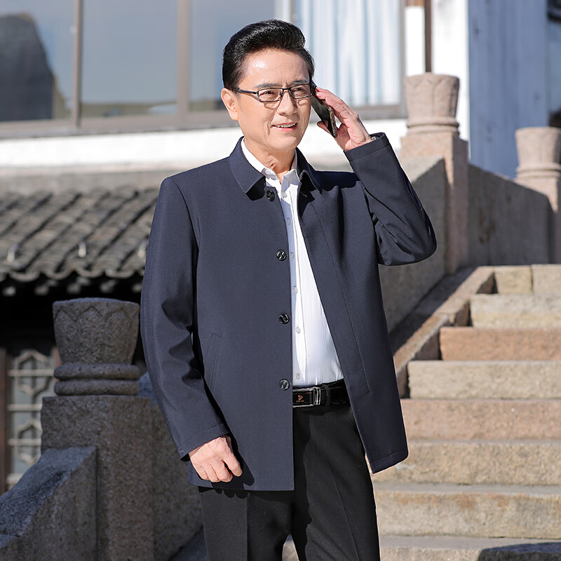 hanshike领导干部服装行政夹克衫爸爸春秋款中老年男商务翻领茄克衫