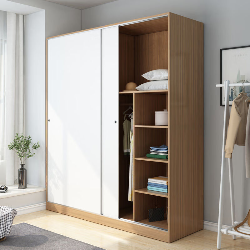 衣柜推拉门实木板式现代简约卧室简易组装柜子衣橱出租房用 浅胡桃色