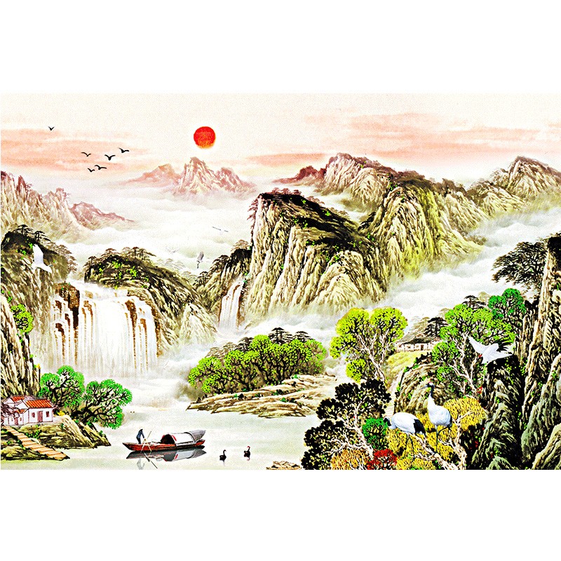 客厅装饰画山水字画中国风天道酬勤八骏图迎客松 山河锦绣(配大图纸)