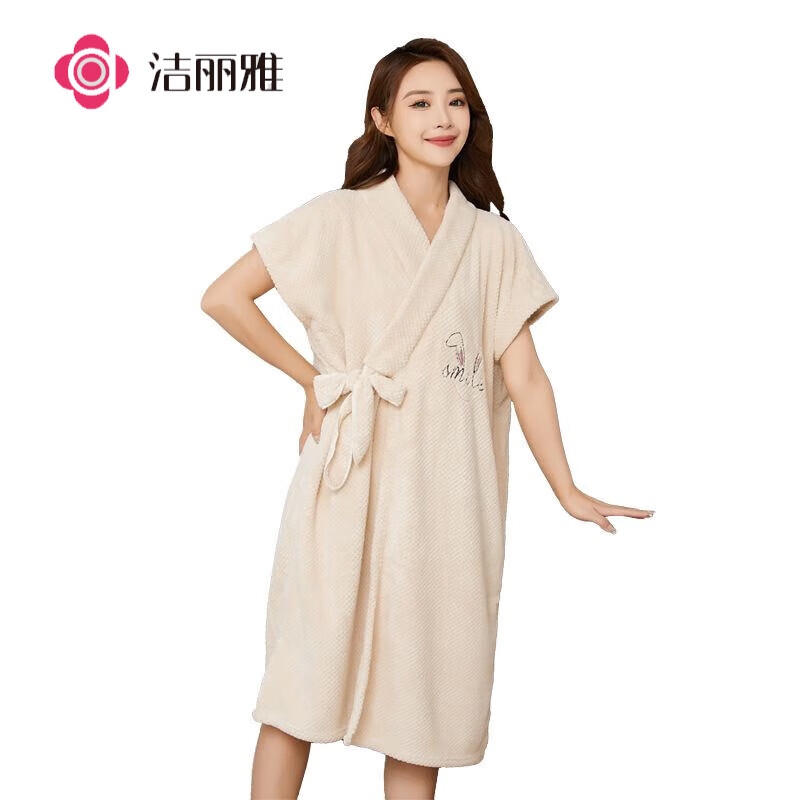 洁丽雅（grace）浴巾浴袍女家用2023新款超吸水宽松可穿式浴裙浴袍洗澡裹巾 【吉祥兔刺绣】奶咖色 160斤以下可穿