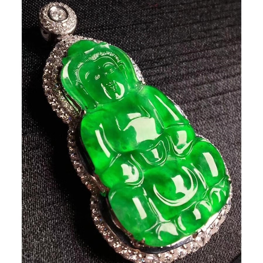 糜鸿(miehone)冰种满绿缅甸翡翠观音吊坠玉坠玉观音吊坠男款玉石玉器