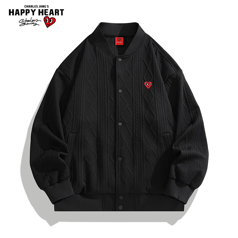 查尔斯桃心美式单排扣棒球服男休闲夹克麻花纹宽松纯色情侣外套 黑色 3XL 