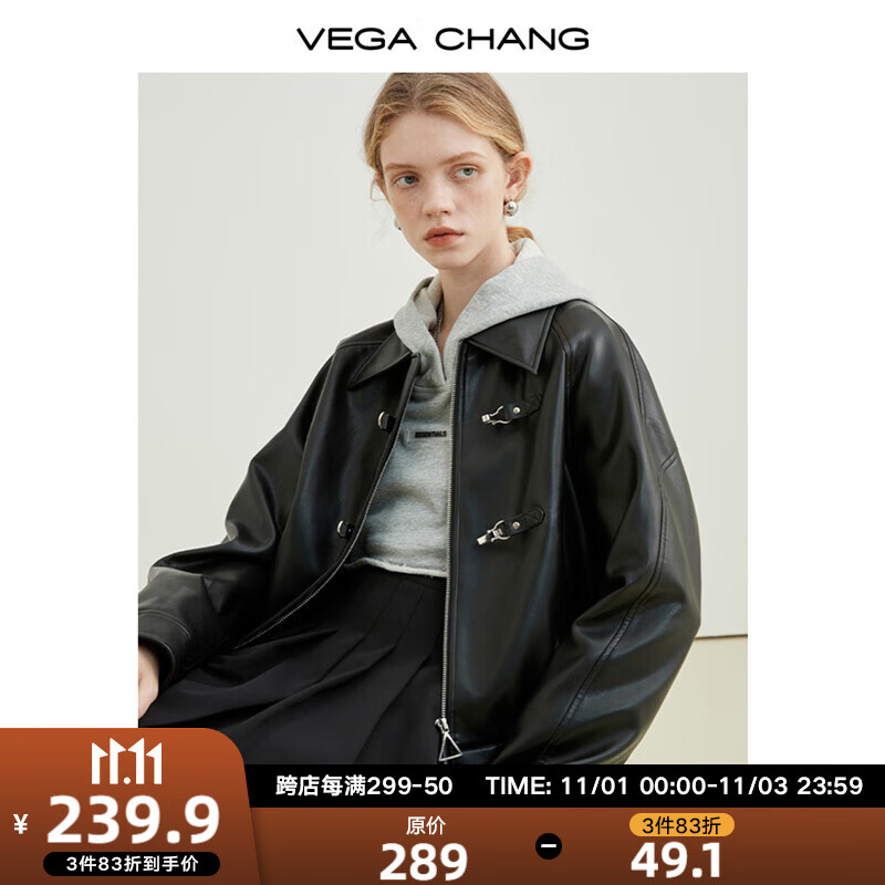 VEGA CHANG机车皮衣女秋2023年新款韩版bf风一字扣PU皮夹克外套 黑色 S怎么样,好用不?