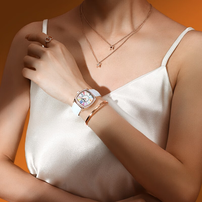 Folli Follie芙丽芙丽腕表女士欧美表轻奢气质小众玫瑰金镶日历钻石英手表女 白色-手镯项链礼盒