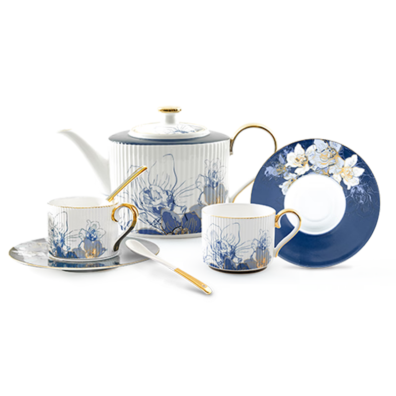 華光 國瓷 歐式骨瓷茶具咖啡杯碟套裝 下午茶高端禮盒裝 夢幻卡布里 夢幻卡布里 13頭豎紋茶具禮盒裝