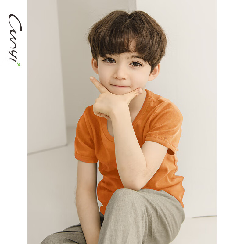纯一良品（CUNYI）童装男童短袖t恤儿童夏装中大童运动上衣男孩打底衫基础款 姜黄 130 cm