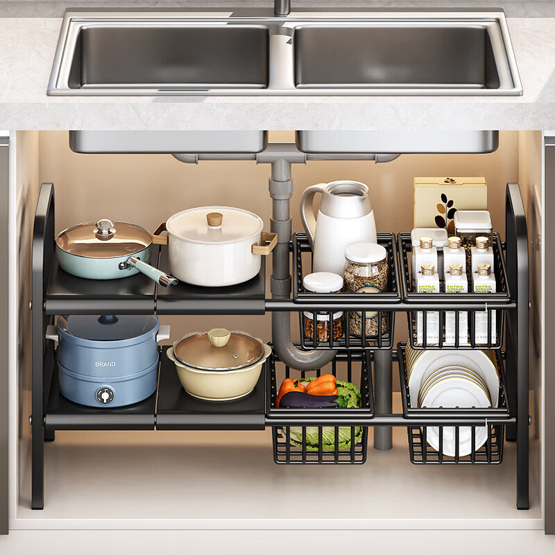 品喻（PINYU）厨房下水槽多功能置物架橱柜柜内可伸缩分层架子柜子多层锅具收纳