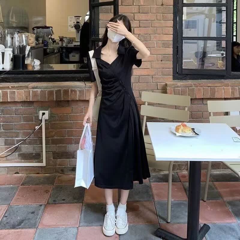 AEMAPE黑色领连衣裙女夏季法式气质收腰显瘦斜扣褶皱中长款字裙子 黑色 M