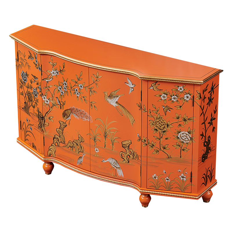品涵藝術(shù)2026新款法歐式彩繪入戶客廳玄關(guān)裝飾門廳柜新中式橙色花鳥餐邊柜 1500*400*900四門富貴百鳥圖橙