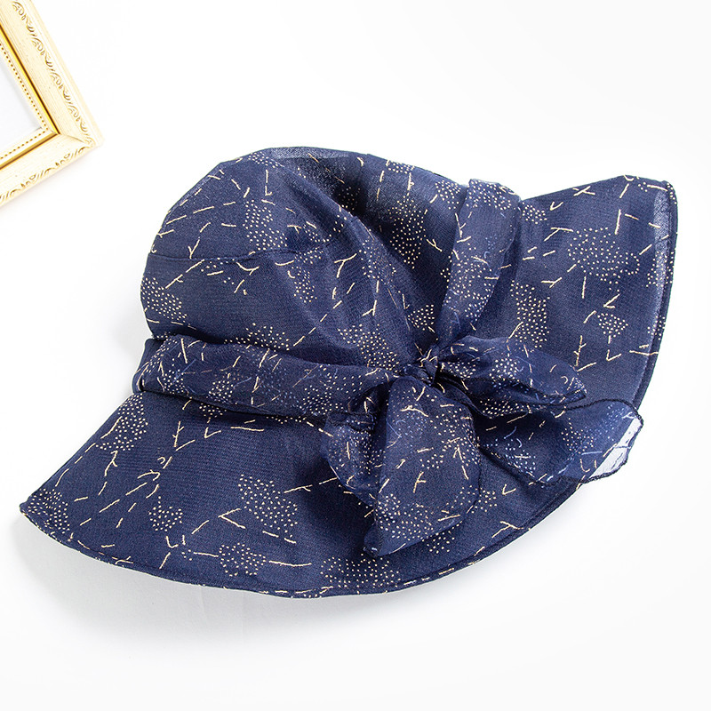 达芬奇密码 时尚欧根纱太阳帽女夏季遮脸防晒帽子适合圆脸薄遮阳帽 藏蓝 蝴蝶结 均码57cm