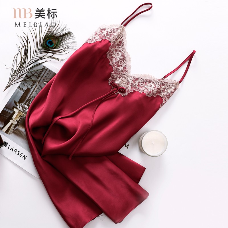 美标商场同款礼物真丝睡衣女春秋睡袍本命年红性感100%桑蚕丝家居服 枣红(单吊带) L (165)