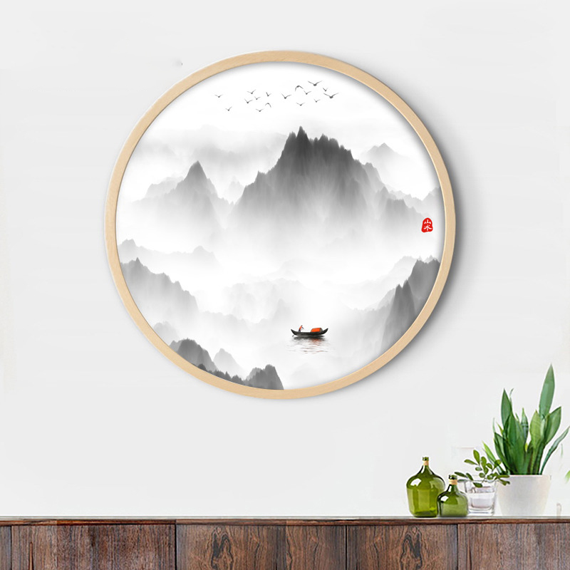 山水画贴纸 18d玄关圆形山水禅意壁画新中式背景墙纸水墨墙贴茶室3d