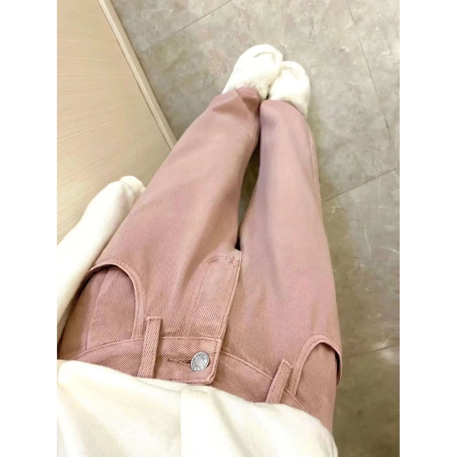 脏粉色牛仔裤女春秋高腰宽松显瘦直筒休闲铅笔裤/小脚裤子ins潮 粉色