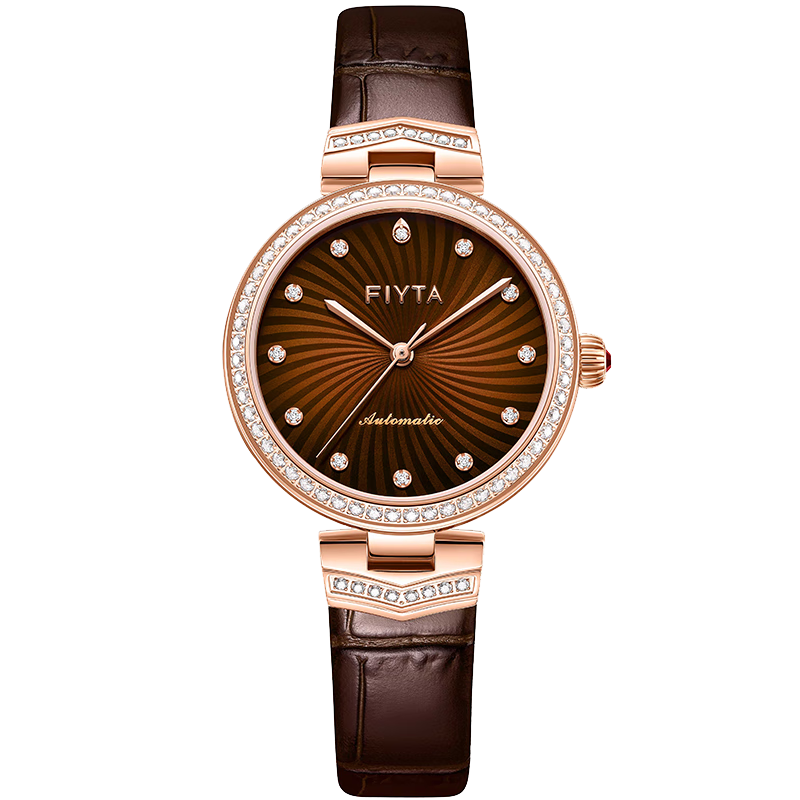 飞亚达fiyta心弦系列商场同款机械锆石表圈咖色盘竹节皮表带女士腕表