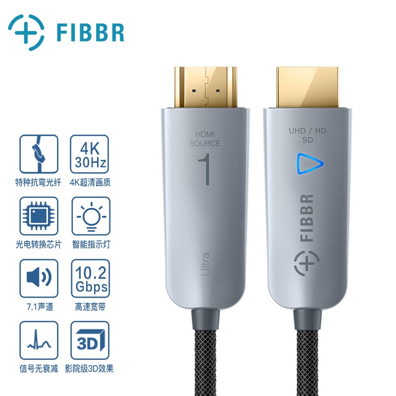菲伯尔(FIBBR) Ultra系列 HDMI光纤数字高清视频线 支持4K/3D/1080P 电视/显示器/投影机/PS4/家装布线 3米
