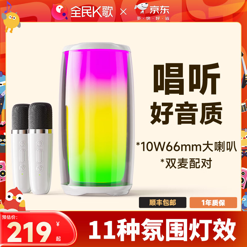 全民K歌 MZ21 蓝牙音箱麦克风套装直播电视K歌手机无线蓝牙k歌家庭ktv唱歌神器大音量话筒音响 月光白（双麦套装）
