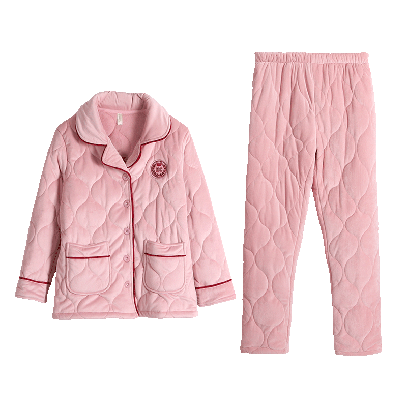韓彩睡衣女三層夾棉冬季加絨加厚省服家居服套裝 玫瑰粉 XL