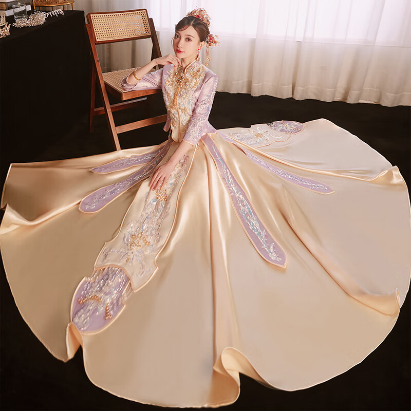 秀禾服2022新款新娘礼服紫色秀禾服婚纱龙凤褂敬酒服出阁秀和服 香含