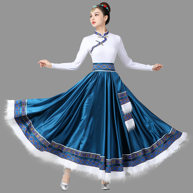 GUBPMTSHIM藏族舞蹈演出服裝廣場(chǎng)舞女半身裙民族風(fēng)表演服飾大擺裙藝考練習(xí)裙 白色上衣+孔雀藍(lán)360度裙子+頭飾 XXL