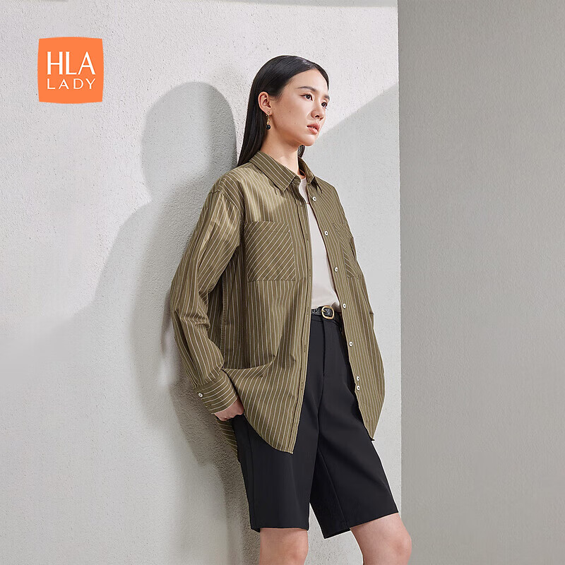 海澜之家(hla)长袖衬衫春季24新款时尚条纹休闲衬衣女装 咖色条纹w0