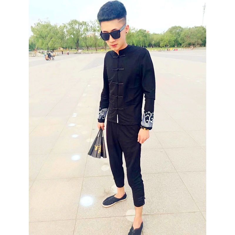 网红同款夏季唐装刺绣盘扣 短袖汉服套装社会精神小伙半袖t恤男女