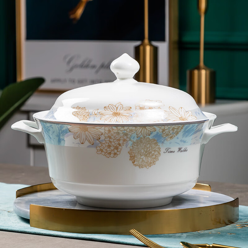 梵创正宗景德镇餐具陶瓷汤碗大号带盖富贵煲大容量装汤创意家用送大勺 时光漫步富贵堡送大汤勺不可明火
