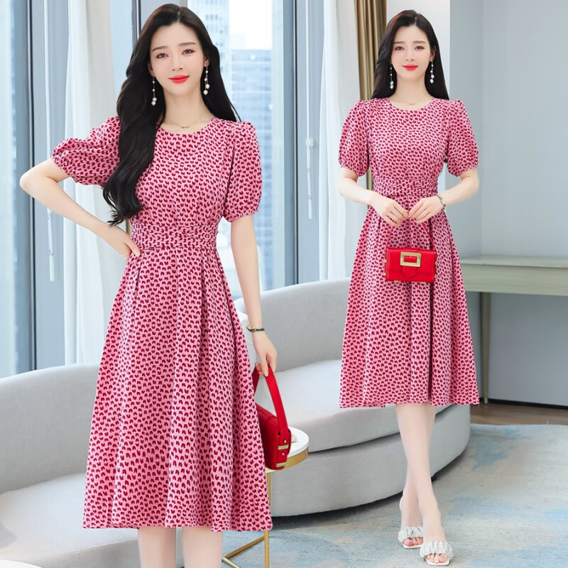 高端女新款法式感显瘦初恋裙温柔系碎花连衣裙子女夏季收腰潮 粉色 s