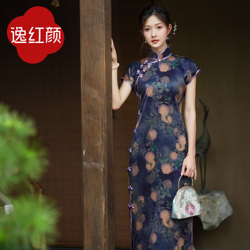 beauty)逸红颜2023年夏季新款40姆米一片式古法传统复古书卷风旗袍 悠