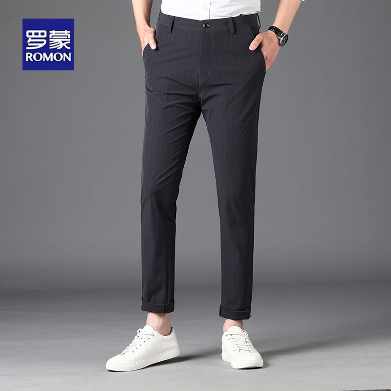 品牌高端休闲裤男士夏季薄款速干裤中青年商务修身直筒条纹长裤子新品