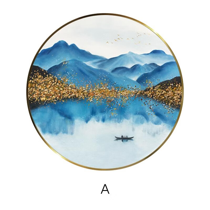彩象【高端手绘】纯手绘新中式山水意境圆形油画玄关餐厅客厅装饰画蓝