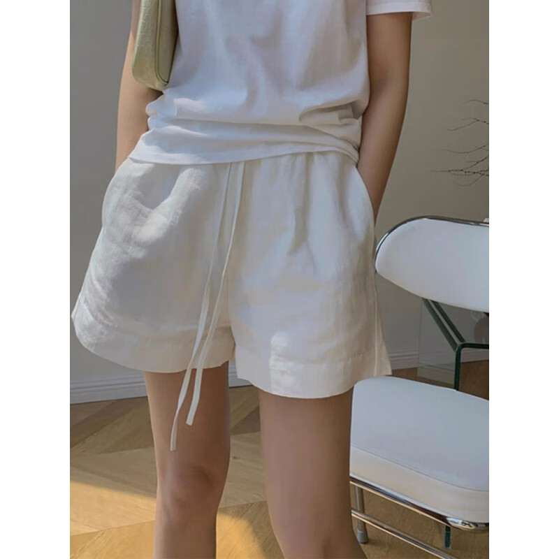 anna etter白色棉麻运动阔腿短裤女夏季薄款松紧腰抽绳小个子亚麻a字