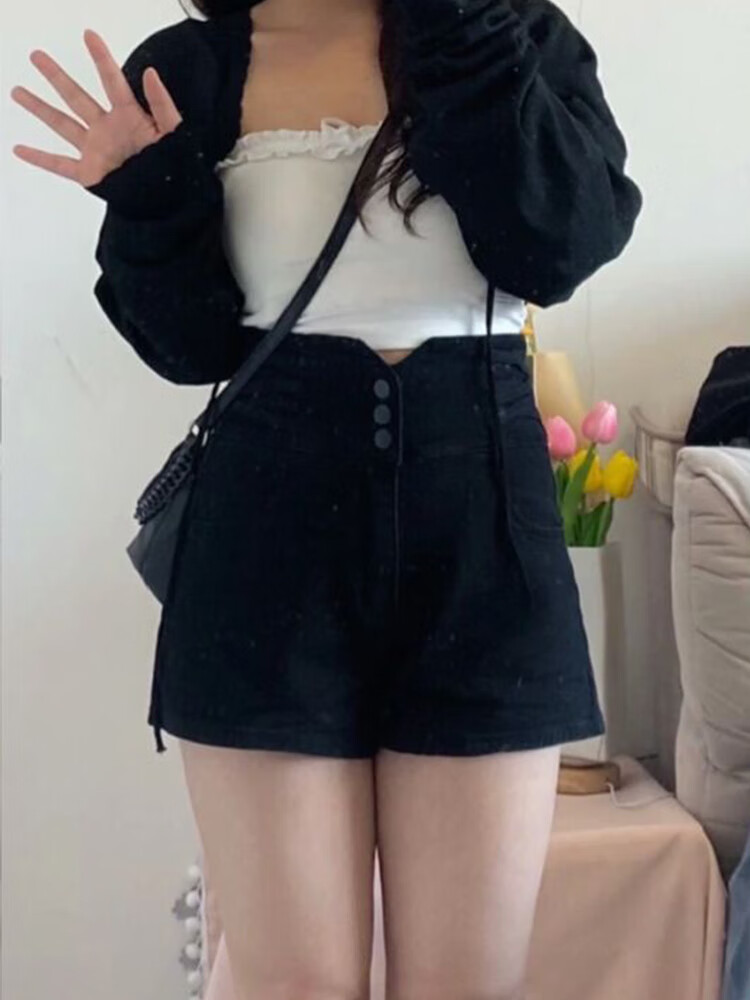 山头林村女生短裤夏天超短黑色高腰牛仔女夏季薄款大码胖mm显瘦遮肚力