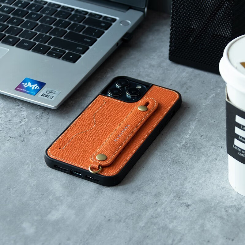 花虎（HANATORA）苹果13Promax手机壳带支架带挂绳腕带插卡真皮新款iPhone13女款男款卡包全包防摔日式风格高级感 纯橙色 iPhone13Pro