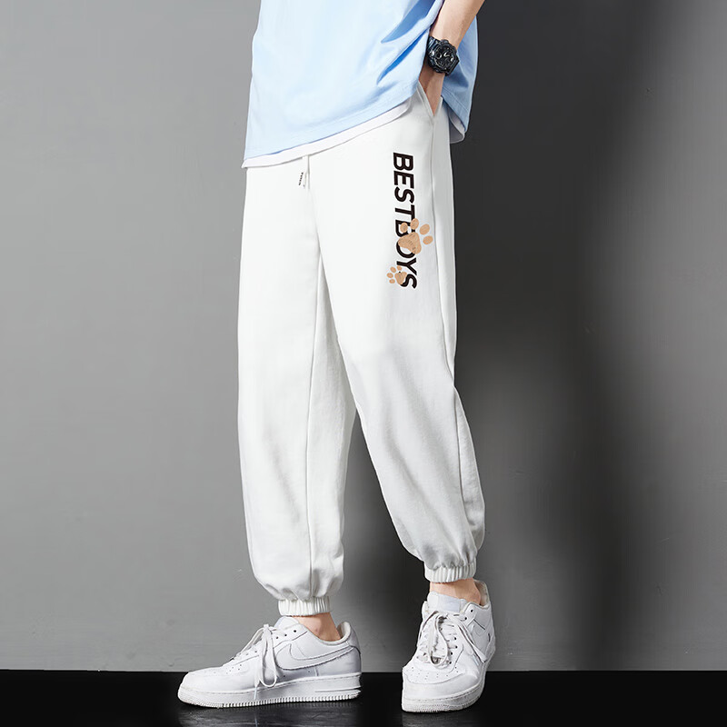 不禾 加绒裤子男士休闲款百搭潮牌宽松束脚春秋白色长裤冬季运动男