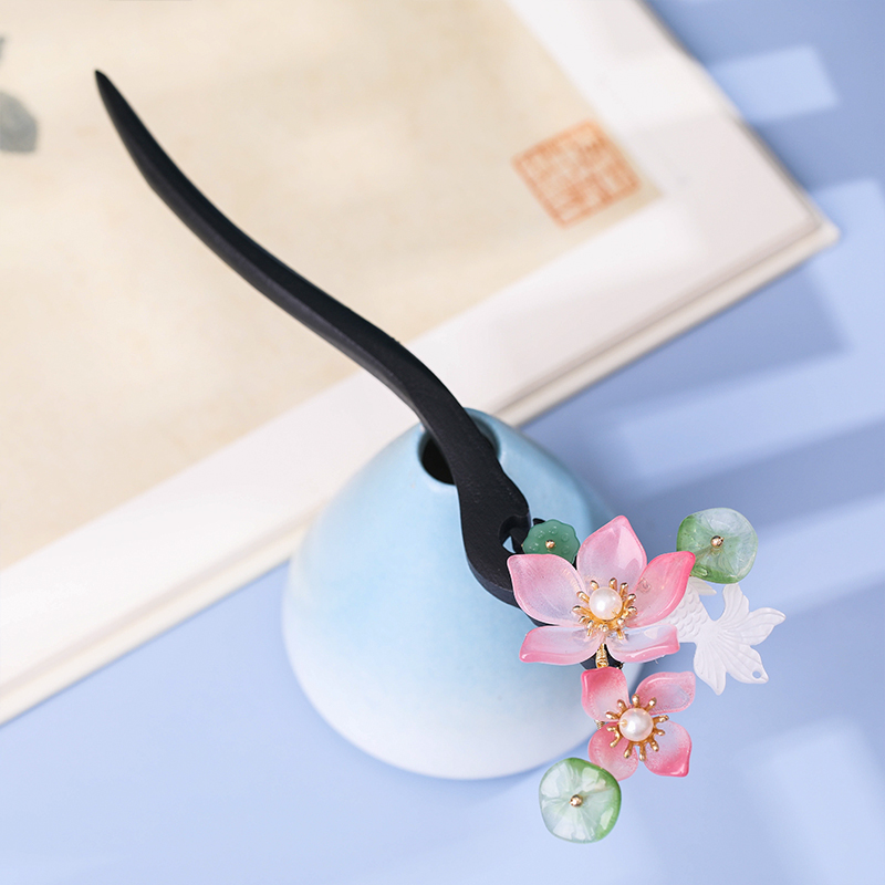 木簪古风盘发荷花发簪仙气荷叶发钗古典旗袍配饰古装发饰汉服头饰