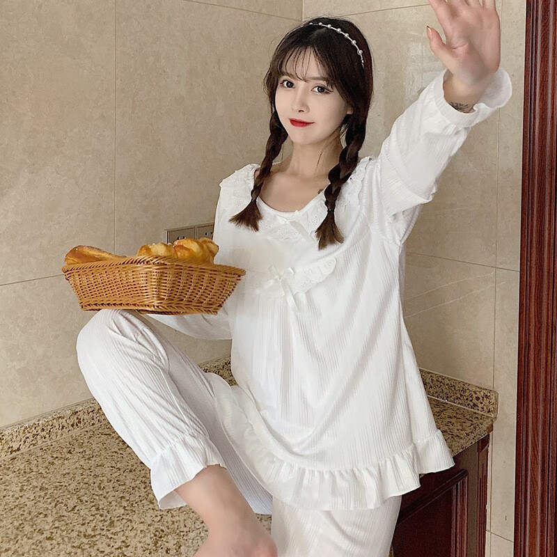 sinihuaji睡衣女士春秋冬季长袖套装秋季睡衣休闲时尚家居服 白色 m