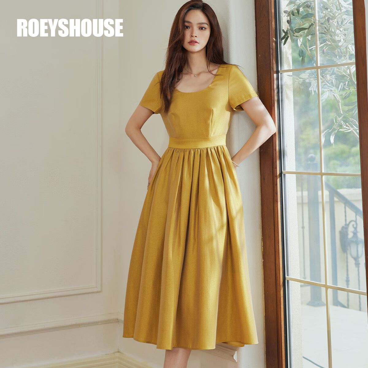 ROEYSHOUSE羅衣高級法式大擺連衣裙女夏季新款氣質(zhì)收腰亮絲中長裙10668 姜黃色 M