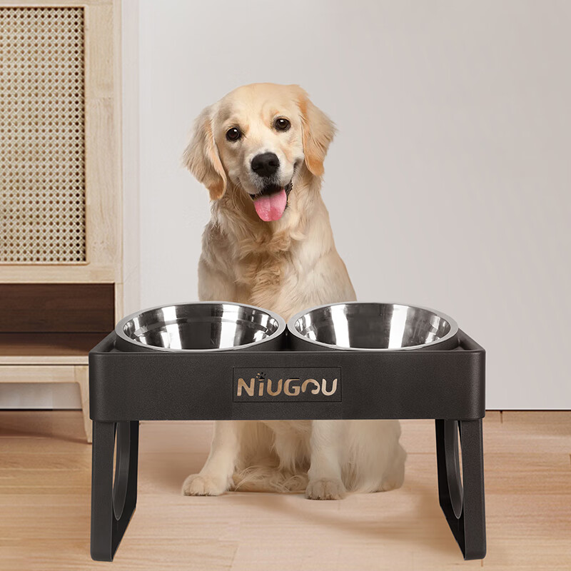 HKML狗碗狗食盆雙碗大型犬防打翻護(hù)頸餐桌高腳金毛糧碗大號(hào)寵物碗飯盆 黑色（加高護(hù)頸、防打翻、20CM雙 通用