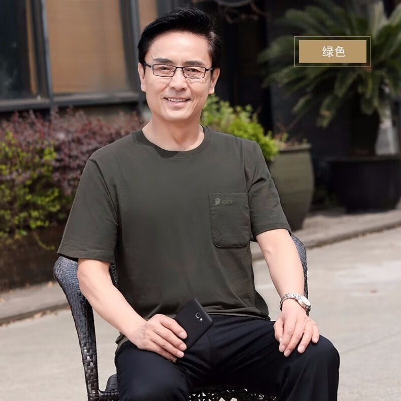 中凡智夏季短袖t恤男棉宽松爸爸装中老年老头衫汗衫半袖 口袋绣花卡其