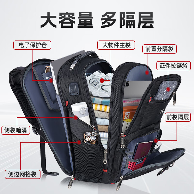SWICKY瑞士双肩包男背包大容量16英寸电脑包男士户外旅行防泼水商务包 黑色升级版 升级版黑色大号【84%的人选择】
