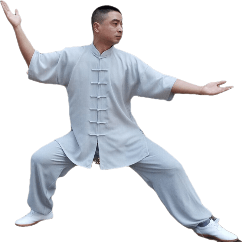 夏季短袖太極服棉麻武術(shù)練功服男功夫服亞麻中袖太極拳服表演服裝 淺灰 上衣+褲子一套 XL
